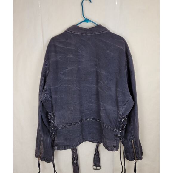 Free People black denim moto jacket Size Large Retro Biker Indie Grunge - Picture 4 of 13